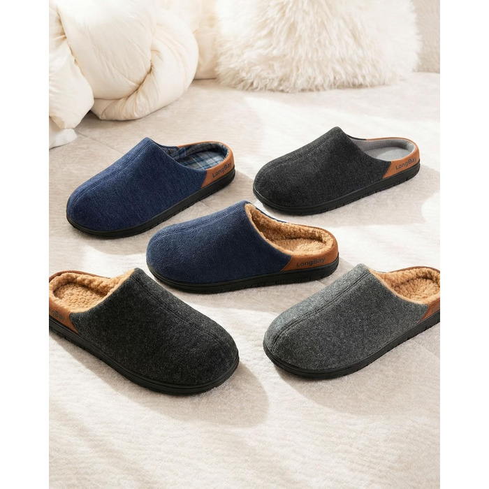 Чоловічі теплі зимові капці LongBay з ефектом пам'яті (Memory Foam) та підкладкою Sherpa, прогумована підошва, чорні, розмір 41 EU