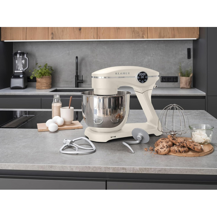 Кухонний комбайн KLAMER 1800W, планетарний міксер для тіста з чашею з нержавіючої сталі 6л (Premium Creme)