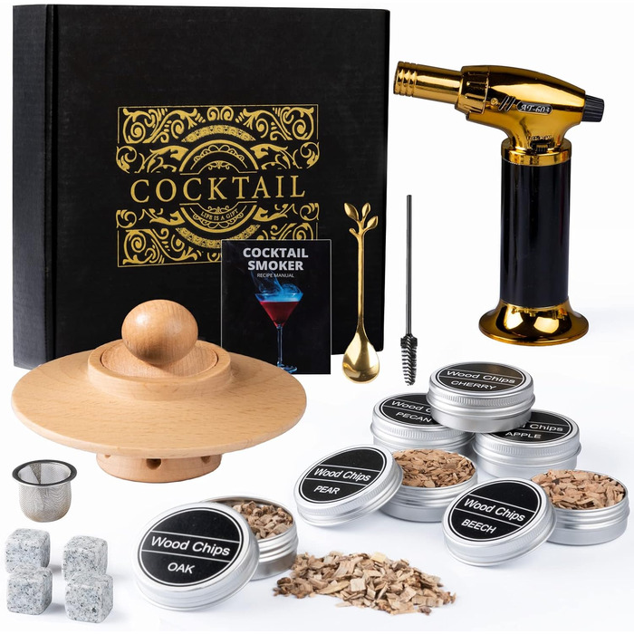 Набір для копчення віскі – Old Fashioned Cocktail Geschenkset: 6 дерев'яних чіпсів, 4 гранітні камені, запальничка та аксесуари для любителів віскі та коктейлів (без бутану), класичний набір