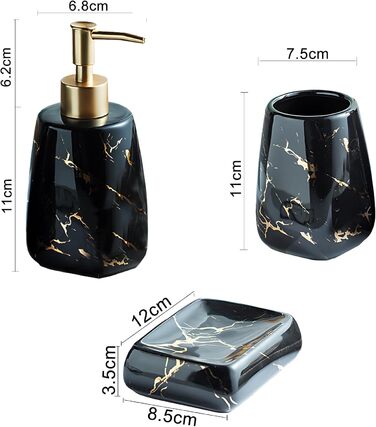 Набір аксесуарів для ванної кімнати XUDREZ з малюнком мармуру, кераміка, набір з 3 предметів: дозатор для лосьйону, стаканчик для зубних щіток, мильниця, чорний глянцевий, преміум якість