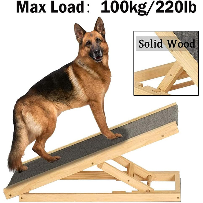 Дерев'яна рампа для собак та котів, складана, портативна, для софи, ліжка та авто, з антиковзким покриттям, 4-ступенева, регульована висота, 100 x 40 см