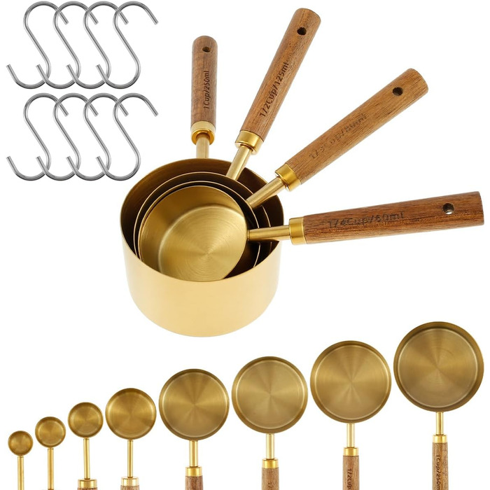 8-Piece Gold-Colored Measuring Cup and Spoon Set with Wooden Handle, Portable, Reusable, Stainless Steel Measuring Spoon Set with 8 Curved Hooks for Kitchen, Home, Baking