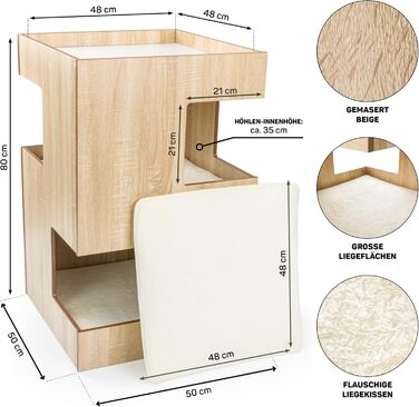 Преміум будиночок для кота з дерева, замок-вежа з ліжками, 50x50x80 см, темно-сірий (бежевий)