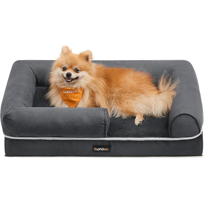 Feandrea Orthopedic Dog Bed, Dog Cushion, Dog Basket, Soft Padding, Dog Sofa, Raised Edges, Removable and Washable Cover, 91 x 71 x 20 cm, Non-Slip Bottom, PGW076G01 (L 76 x W 51 x H 18 cm, Dark Grey)