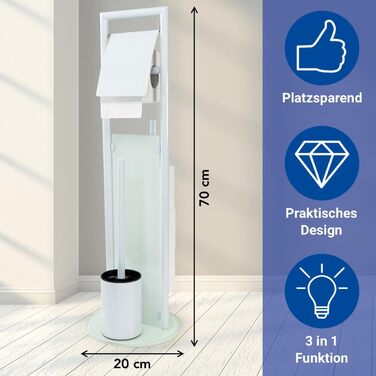 Набір для туалету WENKO Ravina 3-в-1, білий: щітка, тримач туалетного паперу, місце для 3 рулонів | Нержавіюча сталь та скло | 20 x 70 см