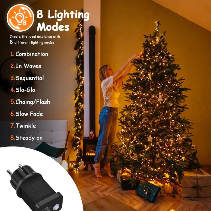 Ланцюжок прикрас LED 400 LED, тепле біле світло, для прикраси ялинки, кімнати, саду та вечірки, IP44, 8 режимів, таймер, 20 м