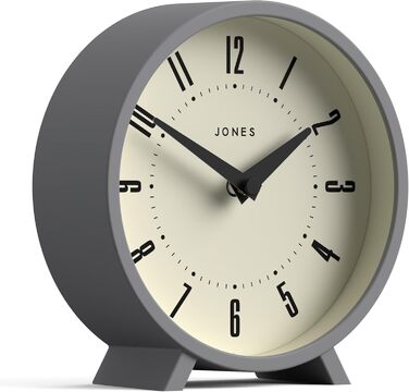 JONES CLOCKS® Desk Clock 'Venus' – modern round design in gray, stylish retro look for shelves, tables, mantels, or bedside tables