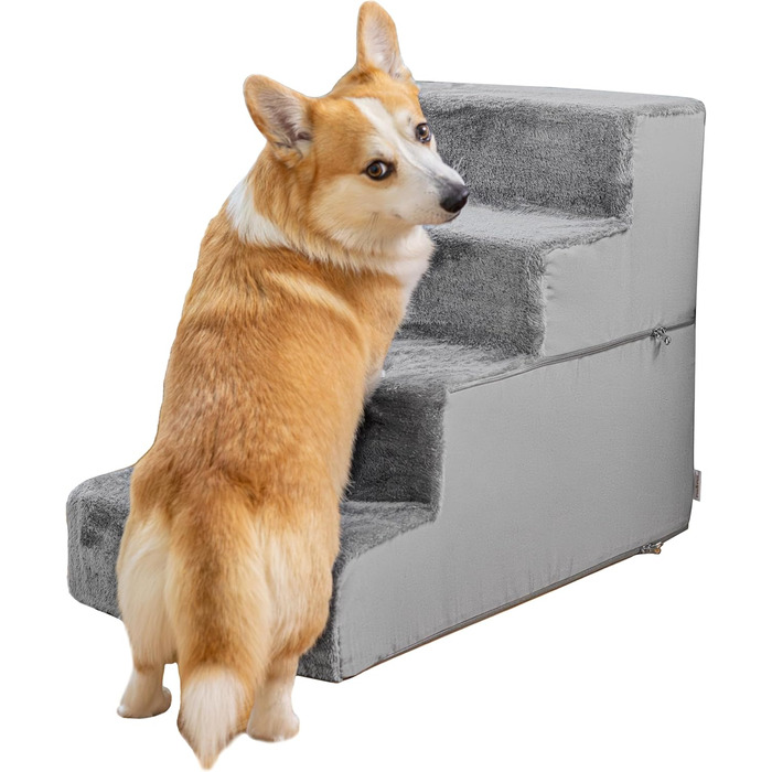 Сходинки для собак на ліжко та диван: 4 сходинки, 58 см, з пінопласту, для маленьких собак, безпечні та стабільні, знімний та пральний чохол, світло-сірий