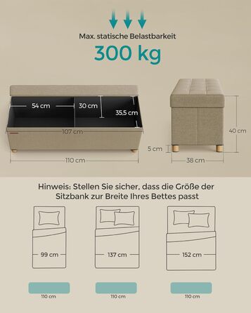 Складаний пуф SONGMICS з ніжками та місцем для зберігання, 38x110x40 см, верблюжий, до 300 кг, для вітальні, спальні, передпокою