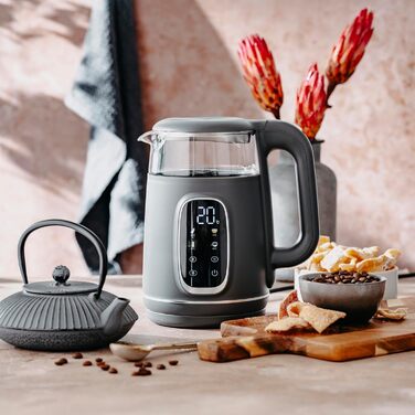 Електричний чайник Adler з регулюванням температури 2200W, 1.7L з LED-дисплеєм та сенсорною панеллю, 5 програм, функція підтримання тепла, фільтр, темно-сірий сріблястий колір