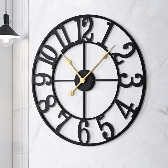 HAITANG Large Vintage Wall Clock, round, metal silent (no ticking), battery-powered, 40cm, 16 inch Roman numerals, clocks for living room, bedroom, kitchen wall clock decoration (Black Arabic numerals, 100 cm)