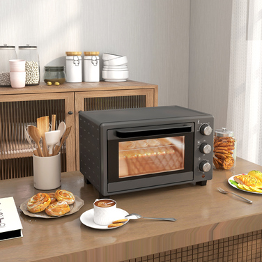 HOMCOM 21L Mini Oven 1400W 60 Min. Timer, Small Oven with Adjustable Temperature 100°C-230°C Baking Time, Mini Oven with Baking Tray, Wire Rack, Stainless Steel Table Oven, Grey | Aosom