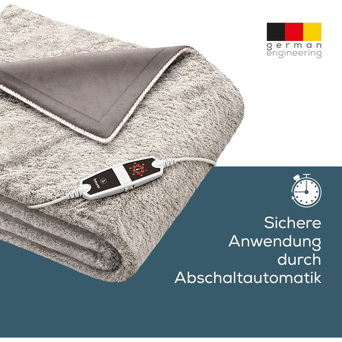 Електрична ковдра Beurer HD 150 XXL Nordic: 200x150 см, 6 температурних режимів, автоматичне вимкнення, машинне прання, тепла пухнаста текстура, колір тауп