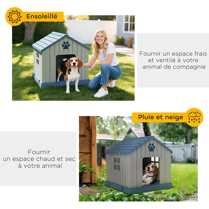 Будка для собак PawHut Outdoor з водонепроникного поліпропілену, вентильована, легка у збірці, сірого кольору