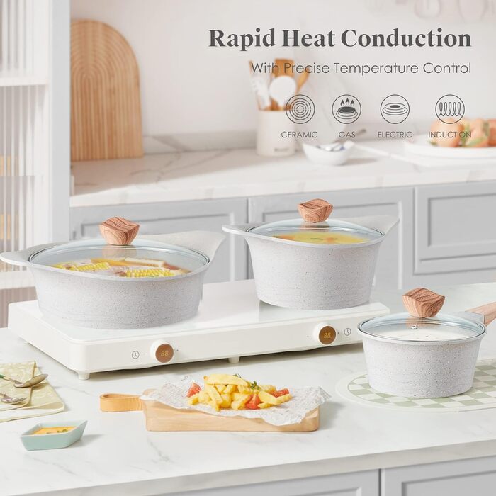 Набір посуду RIOVARM з індукційним дном, антипригарне покриття граніт, набір каструль та сковорідок з кришками, без PFOA, з ручками з імітацією дерева, сковорода, каструля, ковшик