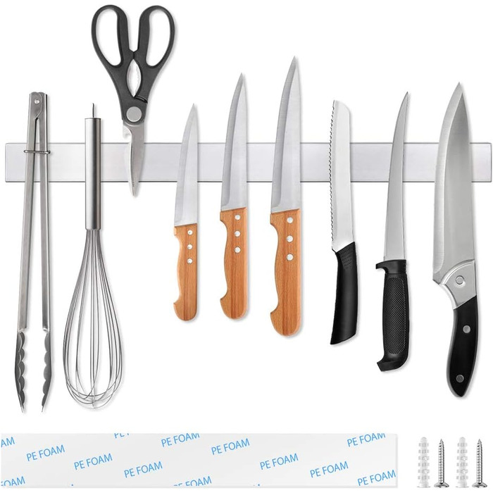 Ninonly Magnetic Knife Strip Magnetic Knife Holder Self-Adhesive 50cm (20inch) Stainless Steel Knife Rail Magnet Without Drilling Magnetic Knife Rail Wall Mount for Kitchen, Office, Workshop