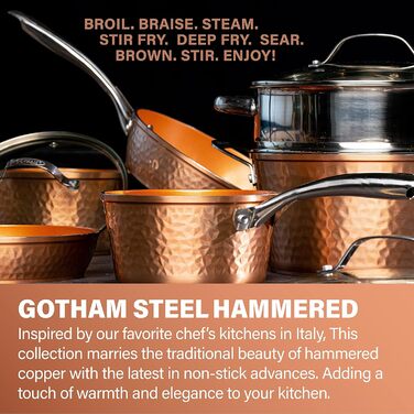Сковорода Gotham Steel 12 дюймів з антипригарним покриттям та кришкою, Hammered Copper Collection, преміум-алюмінієве посуд з нержавіючою сталею, індукційна плита для рівномірного нагрівання (25,4 см)