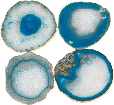 mookaitedecor Polished Natural Geode Agate Slices Coasters Set (2 Pieces), Decorative Stone Coasters for Glasses, Cups, Vases, Candles, Serving Plates, Name Cards for Wedding (Blue-Gold Rimmed)