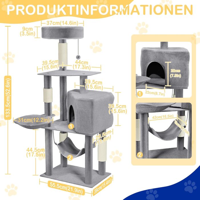 Багатоповерховий котячий будиночок-крісло з інтегрованим когтеточкою, платформою, гамаком та кошиком (Світло-сірий)