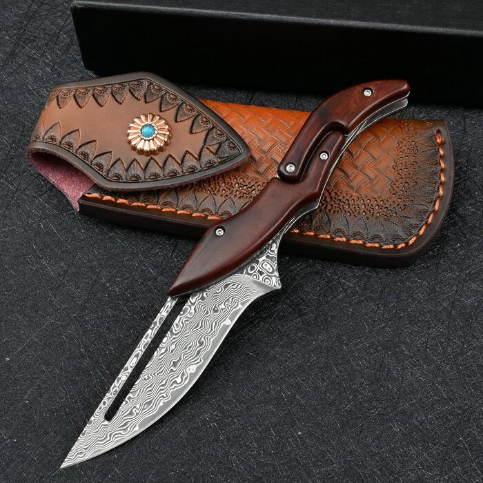 VG10 Damascus Steel Pocket Knife Folding Knife for Men EDC Camping Outdoor (Scandi Grind) (SD604C)