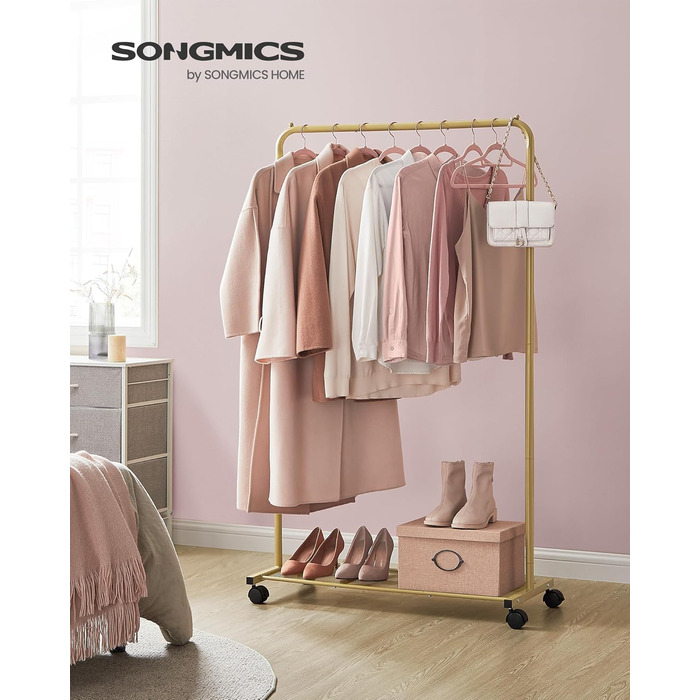 SONGMICS Clothes Rack, Rolling Garment Rack, Metal Clothes Stand, Rolling Wardrobe 91 cm wide, with Shelf, 2 Wheels with Brake, Rod Loadable up to 40 kg, Gold HSR025A01