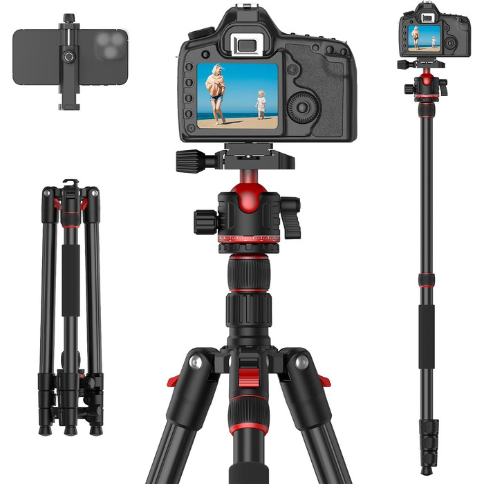 Штатив для камери XXZU 188 см, складаний, з кульковою головкою 360°, для DSLR, телефону, телескопа, чорно-червоний