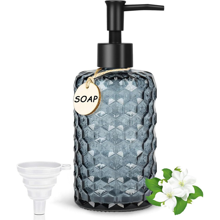 Скляний дозатор для мила 500 мл з хвильовим дизайном для ванної кімнати та кухні, з чорною пластиковою помпою, дерев'яними етикетками та воронкою (вугільно-блакитний)