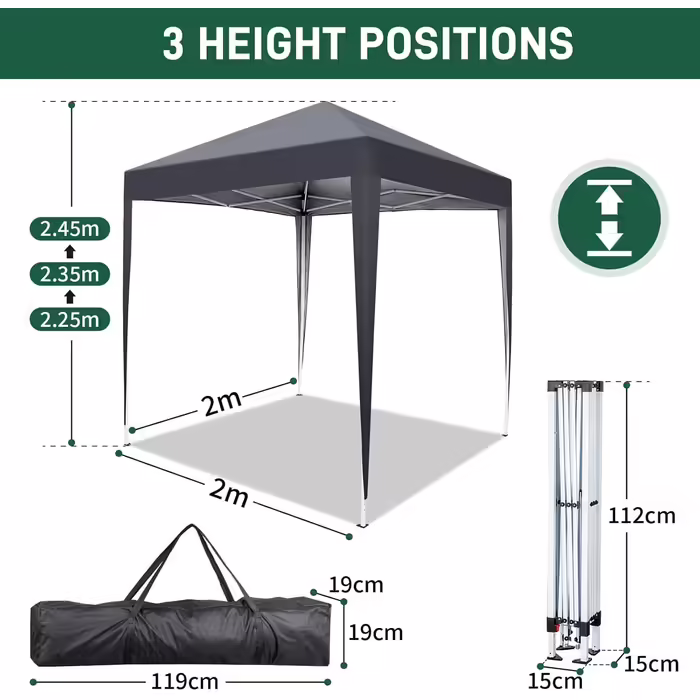 2x2m Gazebo, Pop-up, Windproof, Waterproof, Folding Gazebo, UV Protection 50+, Adjustable Height, with 4 Side Panels, for Outdoor, Garden, Party, Camping, Dark Grey