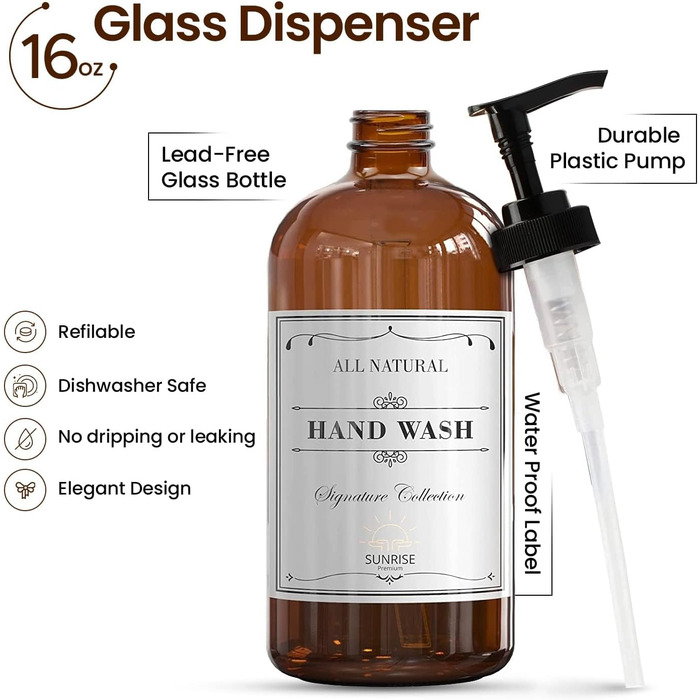 Набір дозаторів для мила з прозорого скла (2 шт.), 473 мл, коричнева скляна чаша, чорний пластиковий насос, для ванної та кухні