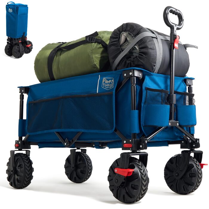 Візок пляжний Timber Ridge XXL 200л, синій: складаний, з гальмами, бічними кишенями, тримачем для напоїв, для кемпінгу та покупок (вантажність 150кг)