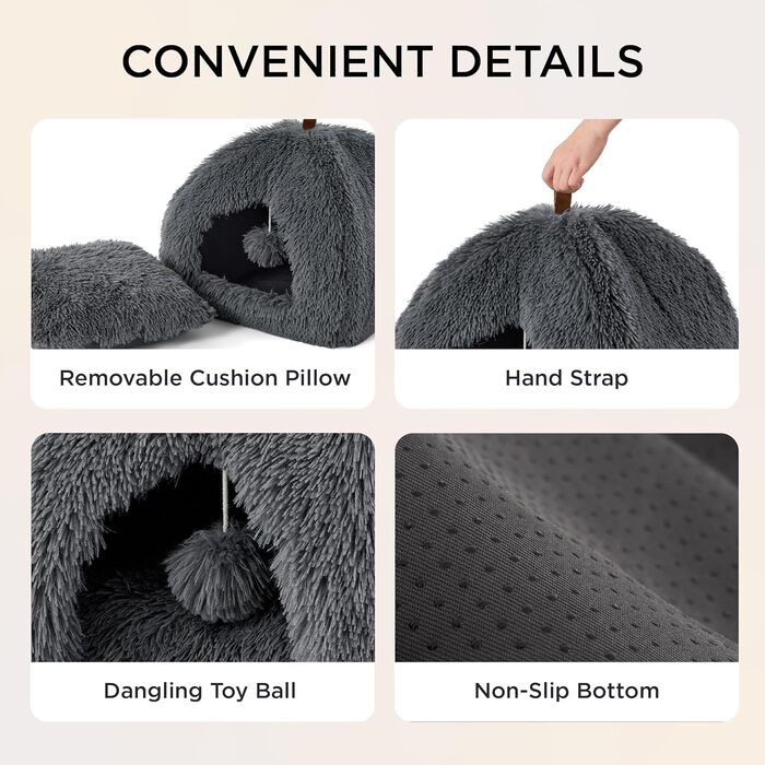 Ліжко для котів BEDSURE велике, 44x44x44 см, сіре. З м'якою подушкою та іграшкою. Легко миється. Внутрішній будиночок для кота.