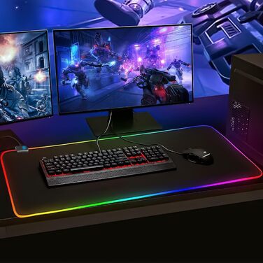 Килимок для миші ігровий RGB 800x300 мм XXL, великий, з 14 режимами підсвічування, 7 LED кольорами, вологостійкий, з антиковзким покриттям для ПК, професійний геймер, чорний