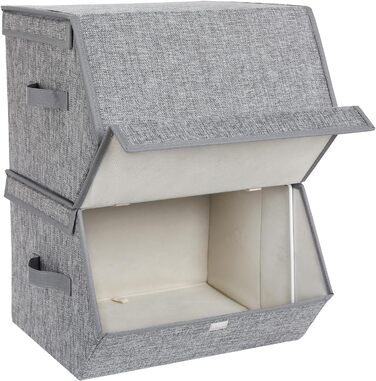 SONGMICS Storage Box, 2-Piece Set, Folding Box, Stackable Fabric Box with Magnetic Flip Lid, Metal Frame, 38 x 26.5/35 x 25, Grey-Beige RLB02GY