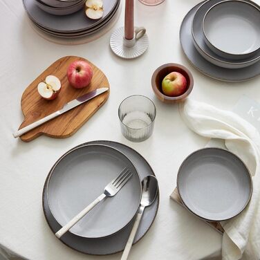 Набір посуду Kutahya Porselen (12 предметів) для 4 осіб – Сучасний порцеляновий сервіз Pearl Grey – Тарілки, супові тарілки та миски – Підходить для миття в посудомийній машині