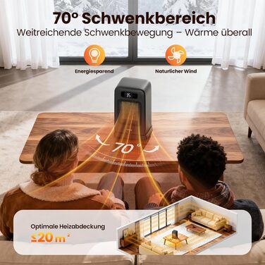 Електричний обігрівач 1500W з PTC керамічним нагрівачем, тихий, з термостатом та пультом дистанційного керування, ECO режим, 70° осциляція, 12h таймер, захист від перегріву та перекидання, чорний, 26 см