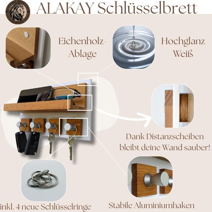Сучасне ключниця Alakay з полицею - блискуче дерев'яне ключниця для стильного зберігання ключів, підставка для ключів. Ідеально підходить для дому або офісу, практична та елегантна (білий)
