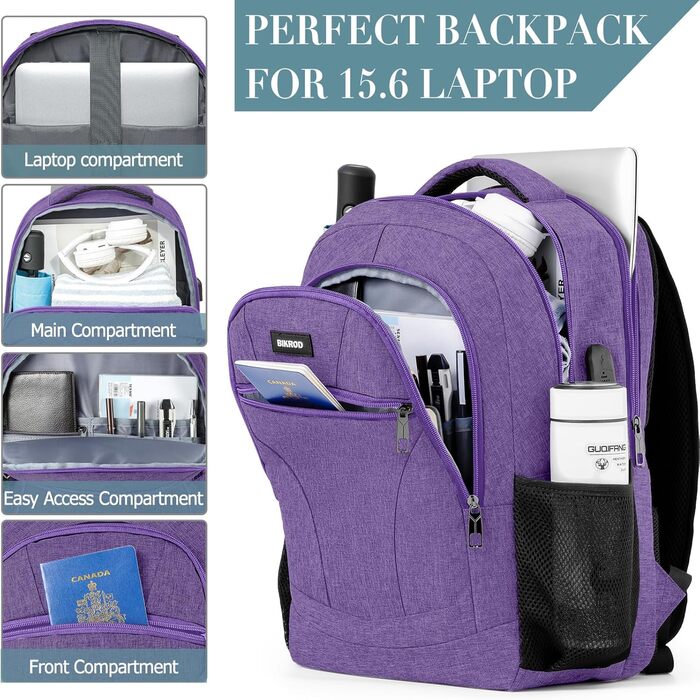 Рюкзак BIKROD для чоловіків та жінок, шкільний рюкзак для хлопчиків та дівчаток-підлітків, 15.6 дюймів для ноутбука, робочий, для подорожей, кемпінгу, роботи, 15.6' (фіолетовий)