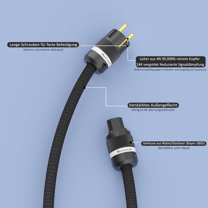 Hi-Fi мережевий кабель Monosaudio P903 OCC 2.5Sq, мідний екран, 1.5м, роз'єми EU Schuko та IEC C15 для підсилювача, DVD, сабвуфера