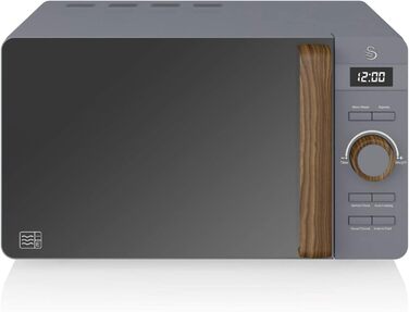 Мікрохвильова піч Swan Nordic 20L, 800W, 6 режимів, таймер 30 хв, функція розморожування, Easy Clean, сірий матовий колір, дерев'яний деко