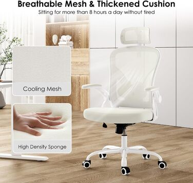 Ергономічне крісло Farini з регулюванням висоти, для офісу та дому, з підголівником, 150 кг, на роликах (білий)