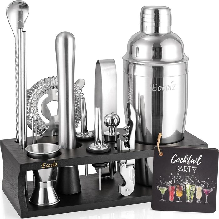 750ml Stainless Steel Cocktail Shaker Set with Bamboo Stand & Recipe Book - 17 Piece Bar Set for Bartenders, Gifts for Women (Black Silver)