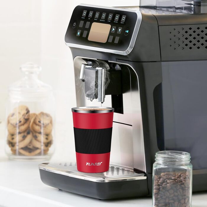 Термокружка для кави з кришкою, 380 мл, з подвійними стінками, з нержавіючої сталі, червоно-чорна