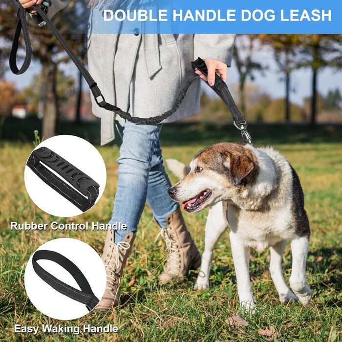 Міцна тактична повідок для собак Chioratree для середніх та великих собак, амортизуюча повідок-банджі з 2 м'якими ручками, страхувальний ремінь для авто, світловідбиваюча повідок для собак, Рожевий (1.2м-1.8м, Чорний)