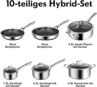 Набір каструль Topfset Edelstahl 10 предметів, індукційні каструлі з антипригарним покриттям: 20/24 см сковороди, 1.5/2.5 л каструлі з ручкою, 5.8 л каструля, 2.8 л сотейник, підходять для всіх плит, духовки та посудомийної машини