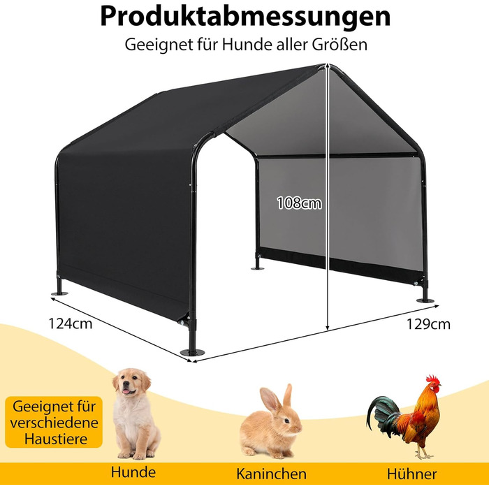 Будка для собак Costway Outdoor - велика, середня, маленька, чорна, 129 x 124 x 108 см, водовідштовхуюча, з дахом та кілочками
