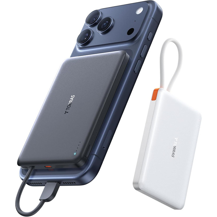 Портативний зарядний пристрій TORRAS Slim Powerbank 10000mAh з кабелем USB-C, 22.5W PD3.0, для iPhone, Samsung, AirPods, білий