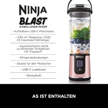 Міні-блендер Ninja Blast 2 шт. (530 мл) - бездротовий, для смузі та протеїнових коктейлів, рожеве золото та срібло