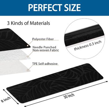 Anti-Slip Stair Treads for Wood Stairs - Felt Self-Adhesive Carpet Treads - 15 Pack, 76x20cm - Black Banana Leaf Design