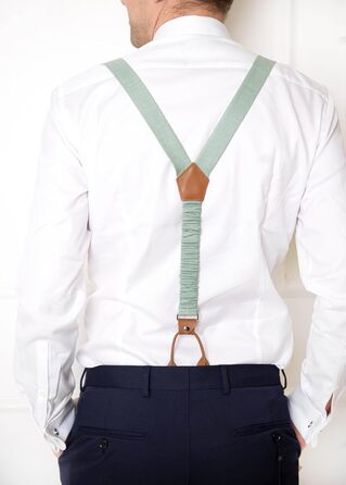 Набір чоловічих аксесуарів Leinen: краватка-метелик зі шкіри, підтяжки зі шкіри, нагрудна хустка, запонки - світло-зелений