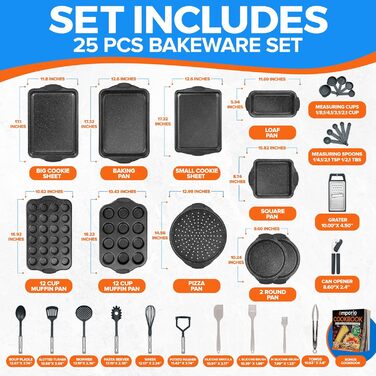 Набір форм для випічки Emporio Kitchen – антипригарне покриття, набір форм з вуглецевої сталі з сірими силіконовими ручками, без PFOA, PFOS, PTFE, рецептурник в комплекті, деко для випічки (до 230°C), сірий, набір з 25 шт.